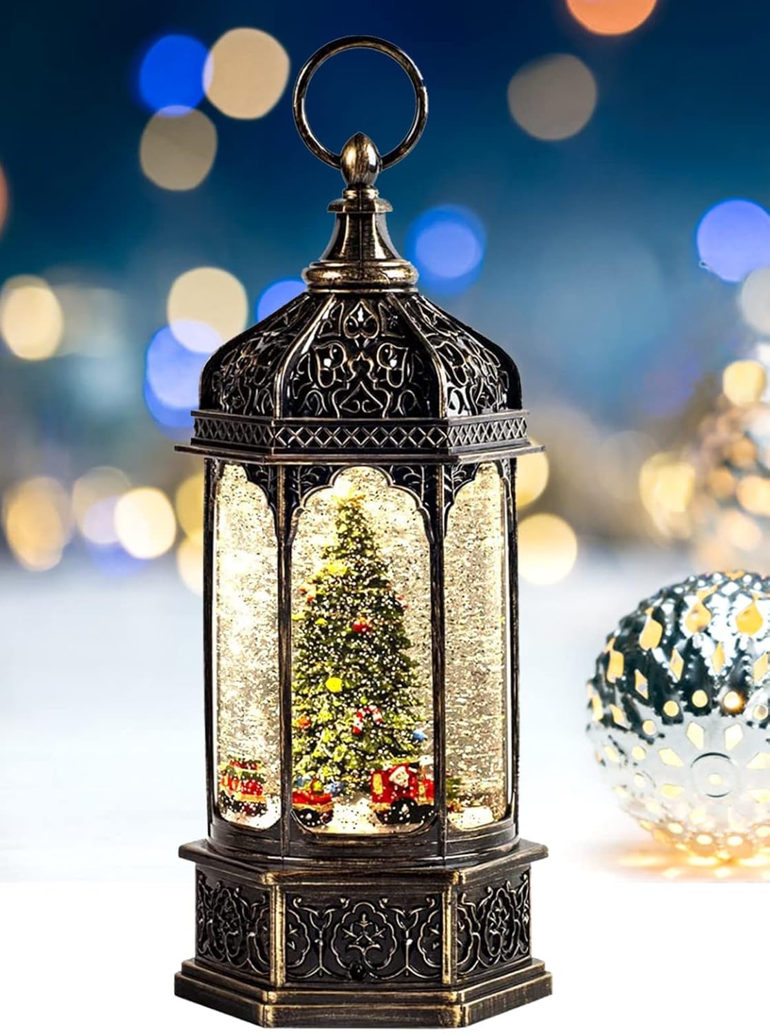 Snow Globes - Musical Christmas Tree Snow Globe with Timer, Decorative Trains Rotate with Music, Christmas Ornaments Music Box for Friends, Women, Adults, 12.7''