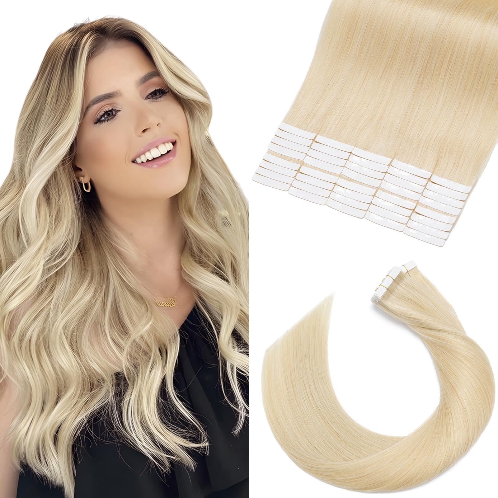 Elailite Blonde Tape in Hair Extensions Real Human Hair 40 Pcs 60g - Seamless Skin Weft Real Remy Hair Extension Short Straight (#613 Bleach Blonde, 12 Inch) — image 1