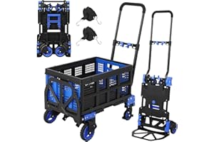 Joankaren 2-in-1 Folding Hand Truck Dolly with Basket – Heavy Duty Convertible Handcart with Retractable Handle, 4 Wheels, 33