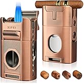 XIFEI 6-in-1 Desktop Lighter, 4 Jet Flame Torch with Straight & V-Cut Cutter, Dual Cigar Punch, Cigar Draw Enhancer, Holder, 