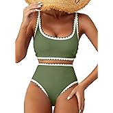 Herseas Women's Bikini Sets Floral Print Whip Stitch 2 Piece Swimsuits High Waisted Scoop Bathing Suits