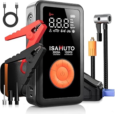 Motor de arranque 3000A com compressor de ar de 150 PSI, reforço de bateria de 12V para motores a gasolina de 7.0L e diesel de 6.0L, insuflador portátil com ecrã LCD e luz LED