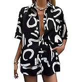 LTSCNRM Women's 2 Piece Outfit Sets Summer Beach Casual Printed Shirts and Shorts Lounge Sets