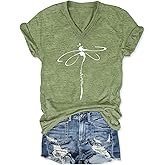 Women's T-Shirts V-Neck Dragonfly Tee Cute Summer Graphic Shirts Vintage Boho Flowers Short Sleeve T Shirt