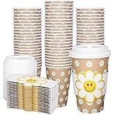 Whaline 50Pcs Daisy Disposable Paper Cups with Lids and Sleeves 16Oz Boho Groovy Smile Daisy Flower Coffee Cups for Summer Wedding Birthday Table Decor Party Supplies