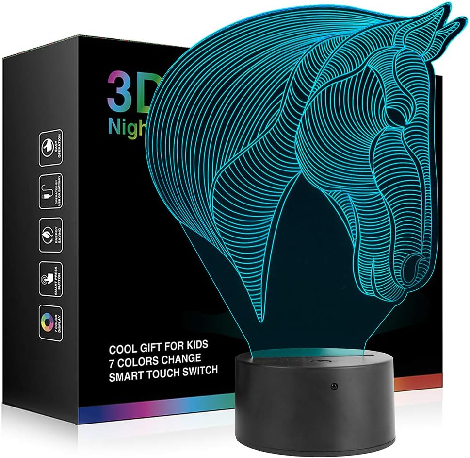 Horse Head 3D Night Light Bedside Table Lamp, iTao 7 Colors Changing LED Horse Lights Touch Switch Desk Decoration Illusion USB Lamps