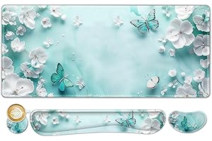 ToLuLu Large Mouse Pad Desk Pad Set, Wrist Rest Support Desk Mat for Keyboard and Mouse, 4PCS 35.4”x15.7 XXL Giant Mouse Pad, Non-Slip Base Stitched Edges Mousepad for Home Office, Teal Butterfly