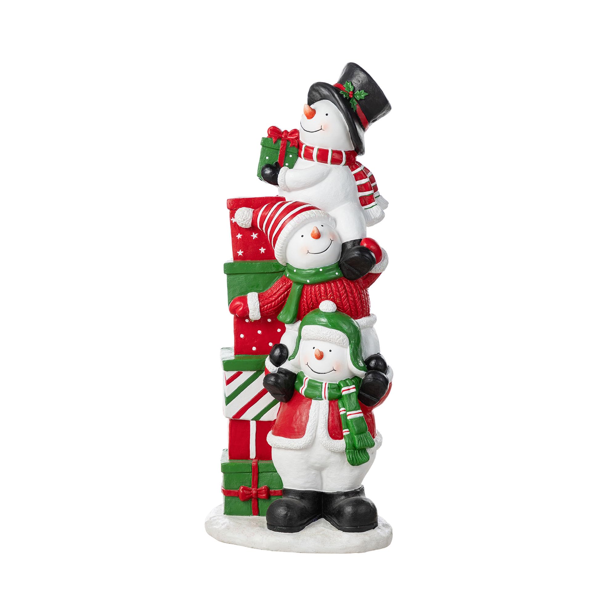 View 1 of ?Glitzhome Christmas Stacked Triple Snowman Porch Decor, 35.25"H Resin Statue with Gift Boxes, Hand-Painted Outdoor/Indoor Holiday Display for Entryway??
