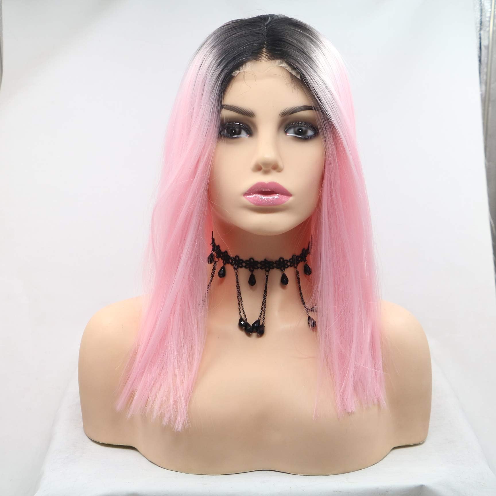 Ombre Pink Bob Synthetic Lace Front Wigs Straight Dark Roots Natural Hairline Middle Part Synthetic Lace Wigs For Women 14 Inch (OmbrePink)