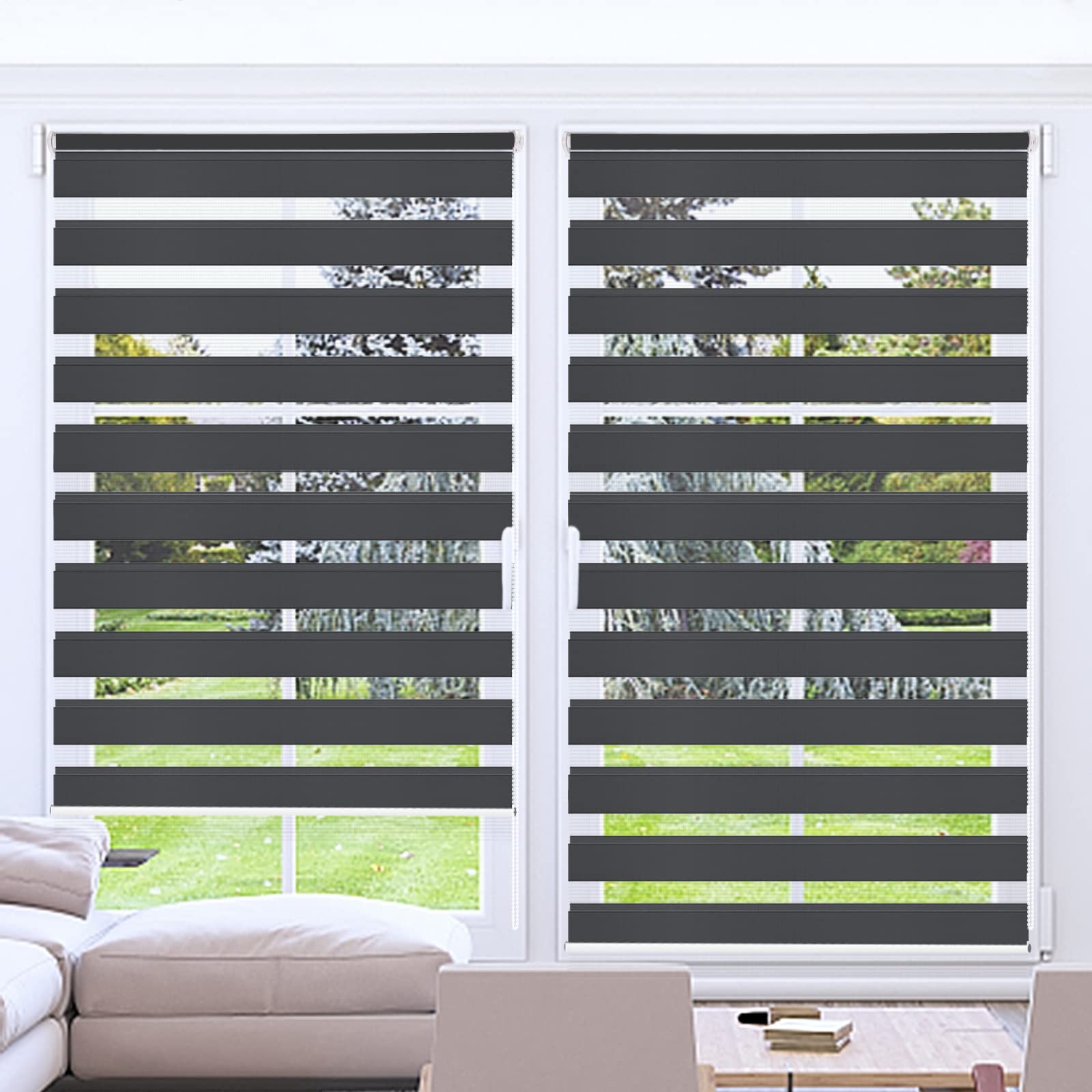 Kokorona Day and Night Blinds Zebra Roller Blinds for Windows, Dual Layer Fabric Zebra Blinds for Doors, Light Filtering Privacy Day Night Blinds, 80cm Wide x 230cm Drop, Dark Grey