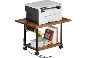 Asgolion Printer Table, 2-Tier Under Desk Printer Stand with Charging Station, Printer Stand with Wheels, Printer Shelf for Small Spaces, PrinterCart for Home Office Rustic Brown