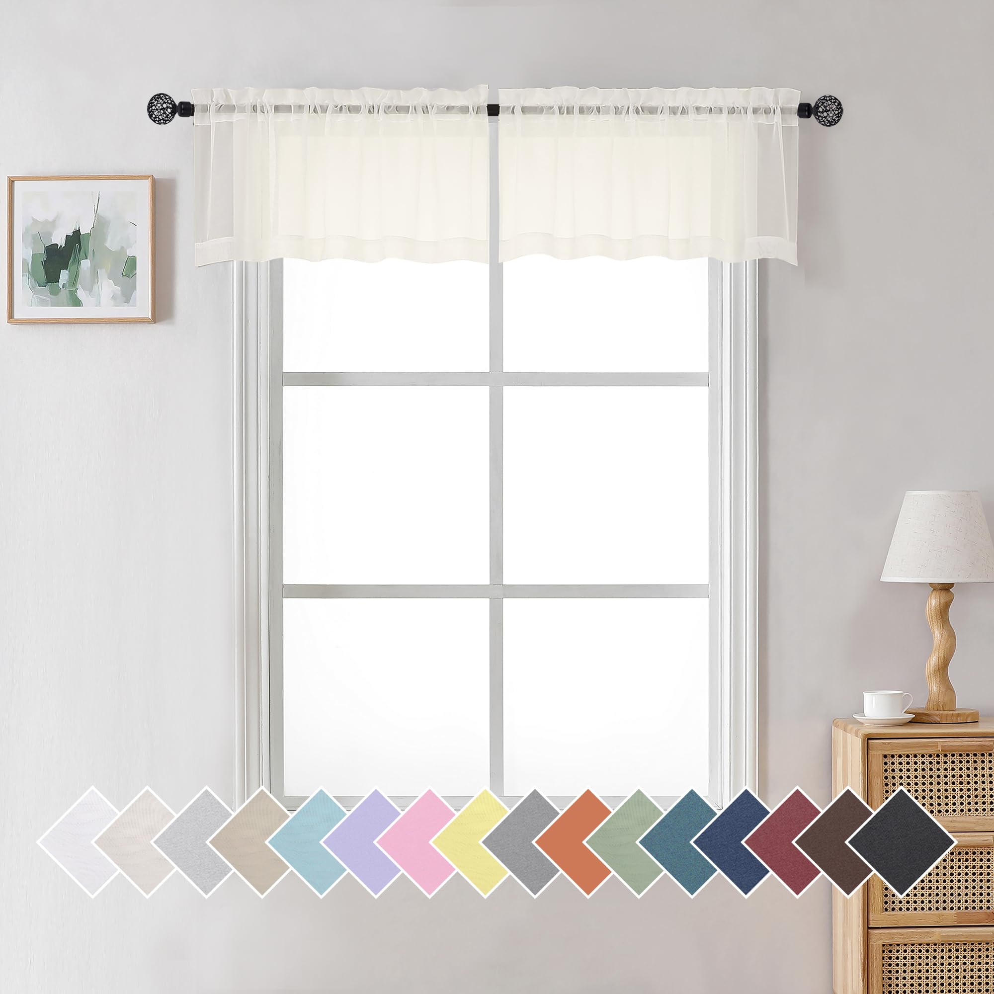 Photo 1 of Aiyufneg Ivory Window Valances Sheer Curtains, Modern Top Dual Rod Pocket Light Filtering Voile Drapes for Small Window Kitchen Cafe Sheer Curtains 2 Panels, 40W x 14L Inch