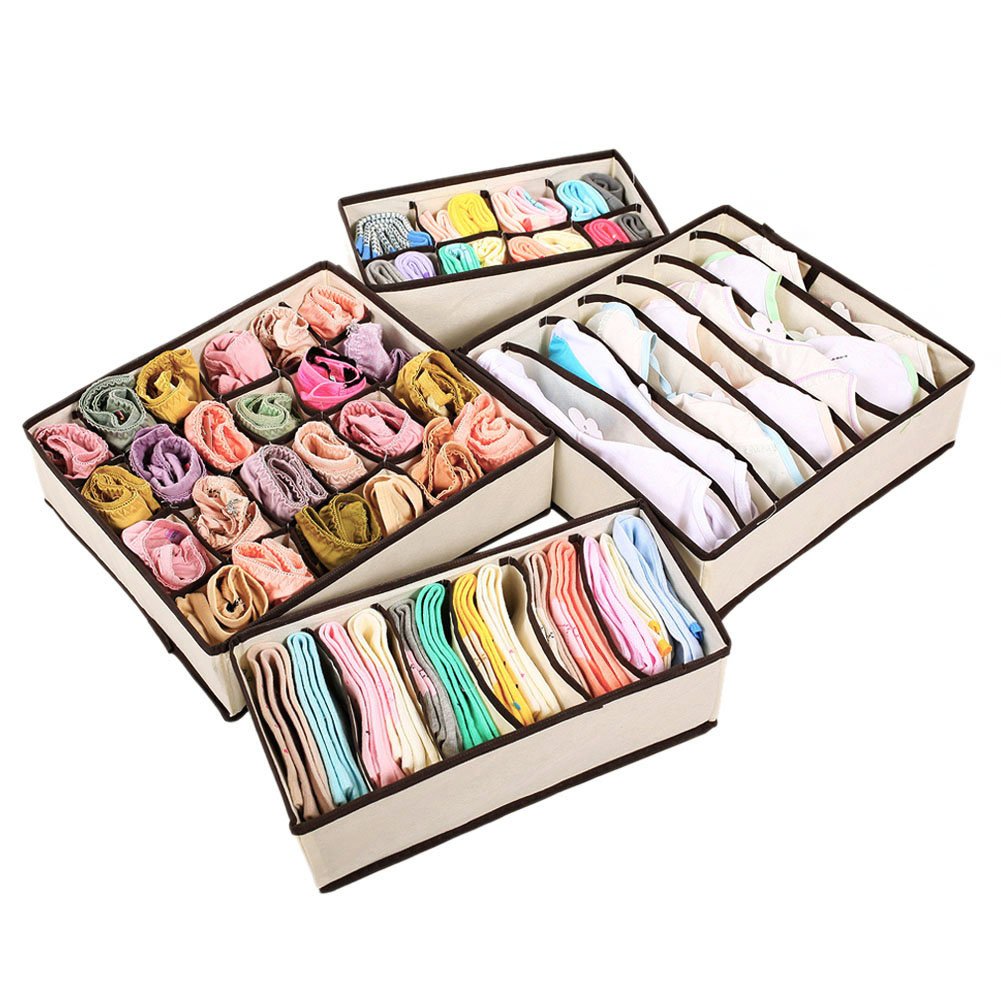 BoodTag Set of 4 Foldable Drawer Organiser Divider Storage Boxes Collapsible Closet Organizers for Underwear Bras Socks Lingerie Handkerchiefs Panties (Beige)
