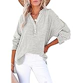 Dokotoo Womens Casual Button V Neck Long Sleeve Shirts Oversized Solid Blouses Tops