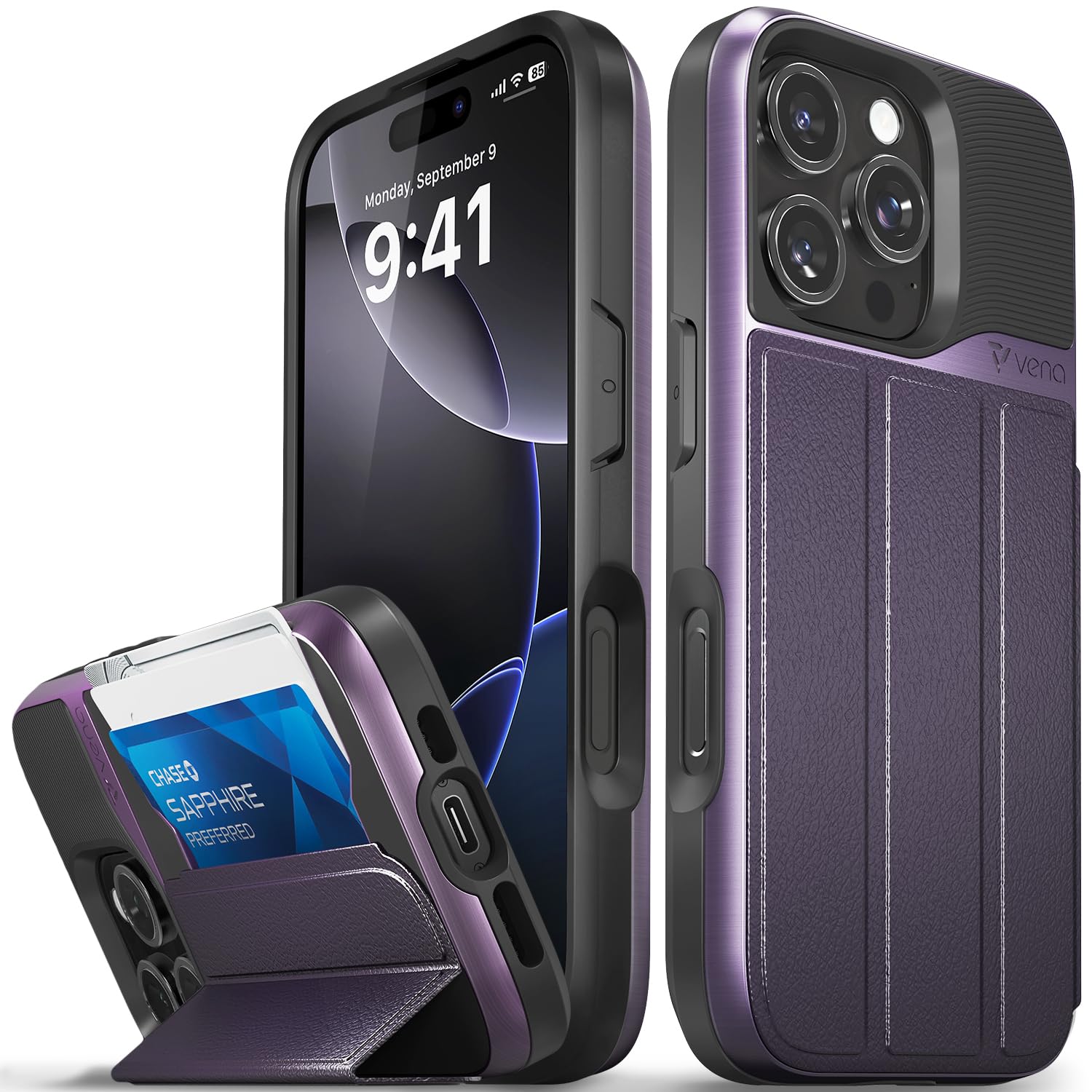 VENA vCommute for iPhone 16 Pro Wallet Case, [Military Grade Drop Protection] Flip Leather Cover Slot Card Holder with Kickstand - Purple — image 1