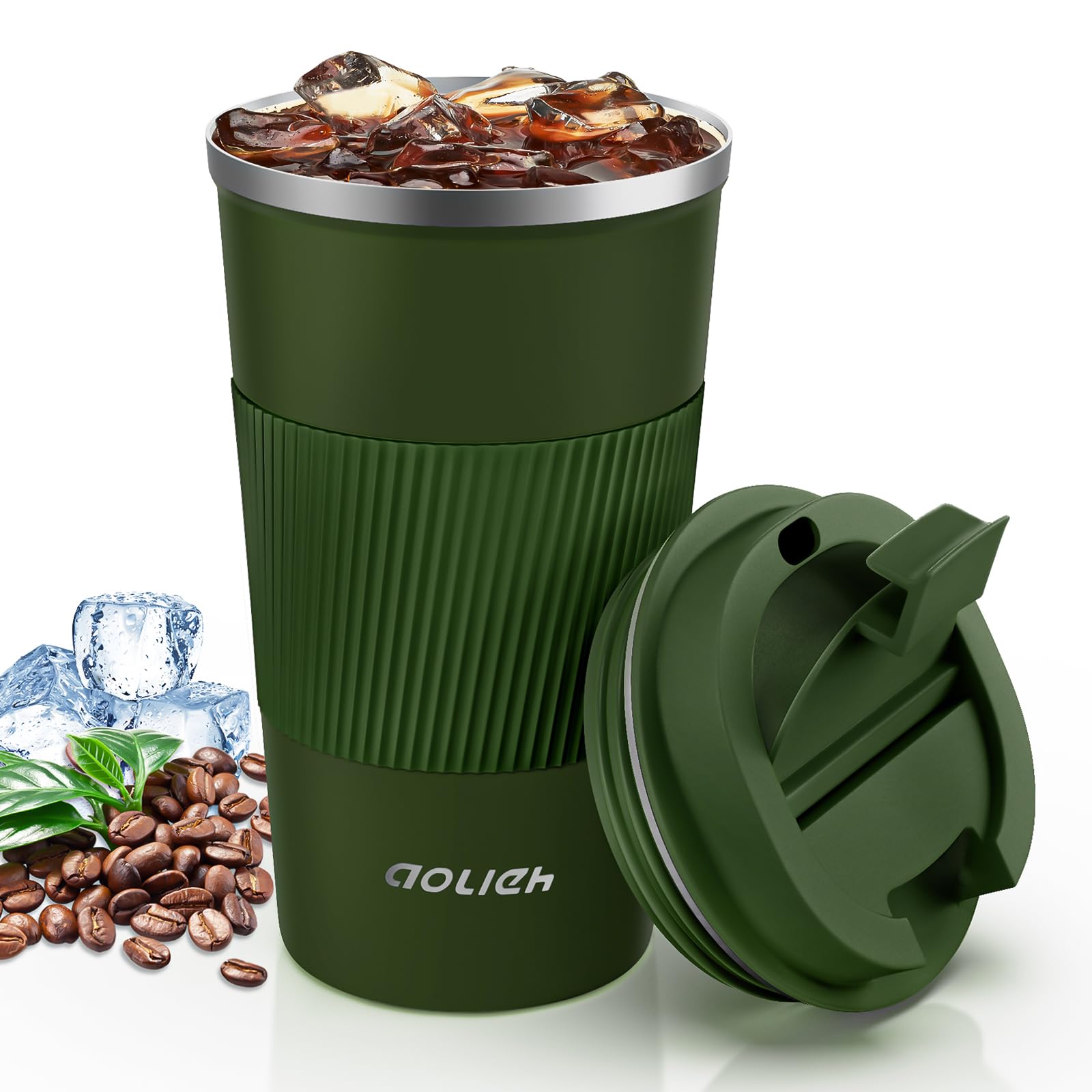 Aolieh Travel Mug 510 ml, Insulated Coffee Cup with Lid, Reusable Stainless Steel Thermal Cup for Coffee, Tea & Cold Drinks, Leak-Resistant Double-Walled Travel Mug, Green