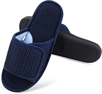 WALKFUNAdjustable House Slippers for Men Open Toe Breathable Indoor Slip on Mens Slides Sandals with Memory Foam for Bedroom,Patio