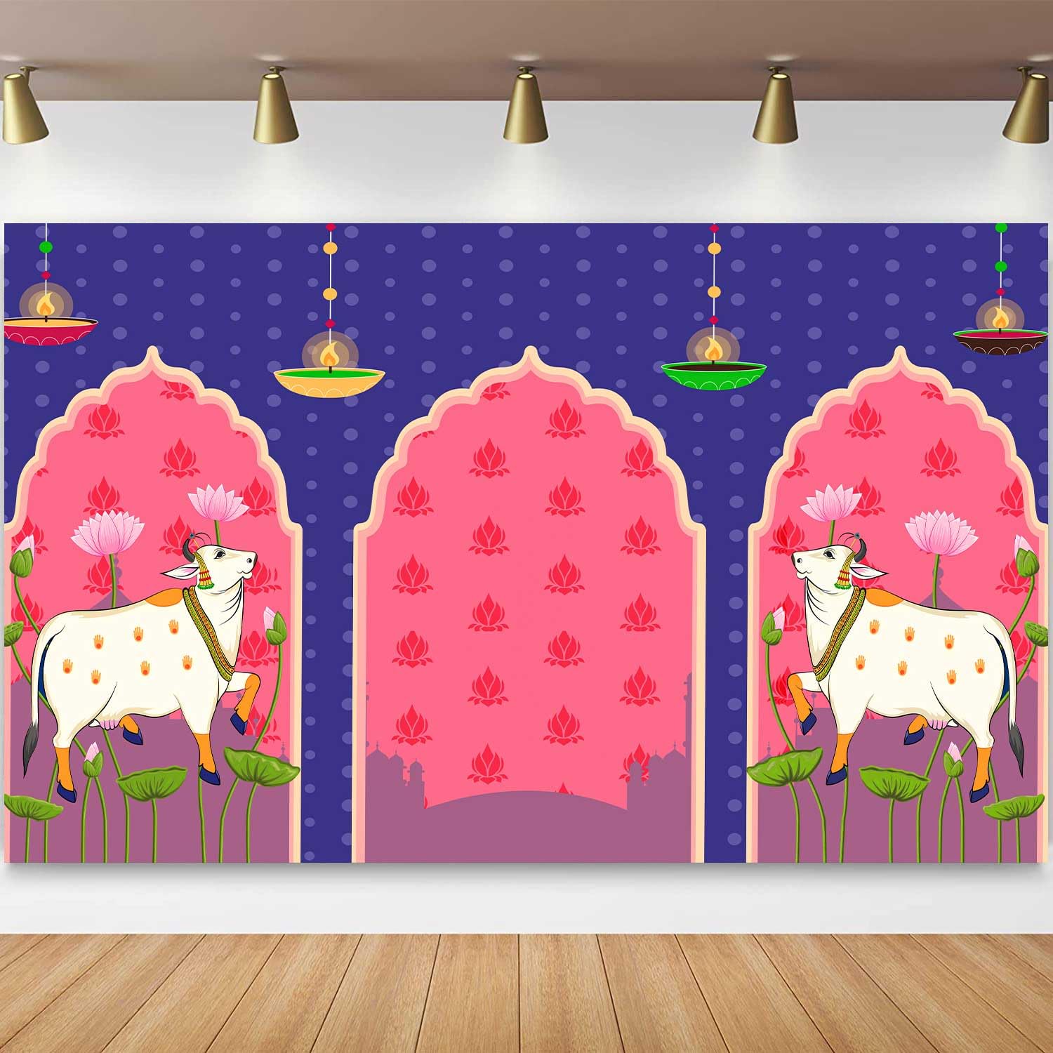 Photo 1 of TYOOFD Blue Lotus Cow Pooja Pichwai Backdrop for Traditional Pooja, Wedding, Housewarming, Diwali, Ganapati, Baby Shower, Haldi Ceremonies - Indian Wall Art Photo Background 7x5ft BJDWFD394