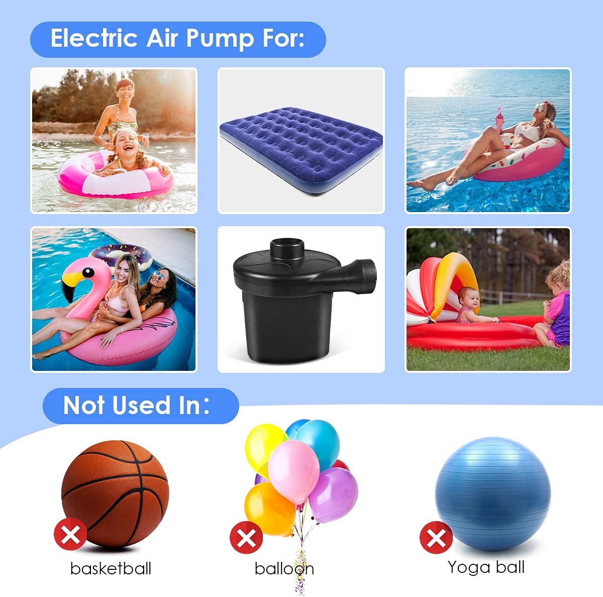 Electric Air Pump, High Power Quick-Fill Air Mattress Inflator Deflator Pump with 3 Nozzles for Inflatable Cushions, Air Mattress Beds, Swimming Ring, Inflatable Pool Float, 110-220 Volt, Black: Home & Kitchen