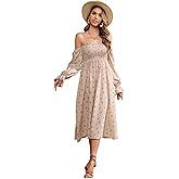 R.Vivimos Summer Dress for Women Long Sleeve Casual Plaid Print Smocked Off Shoulder A-Line Midi Dress