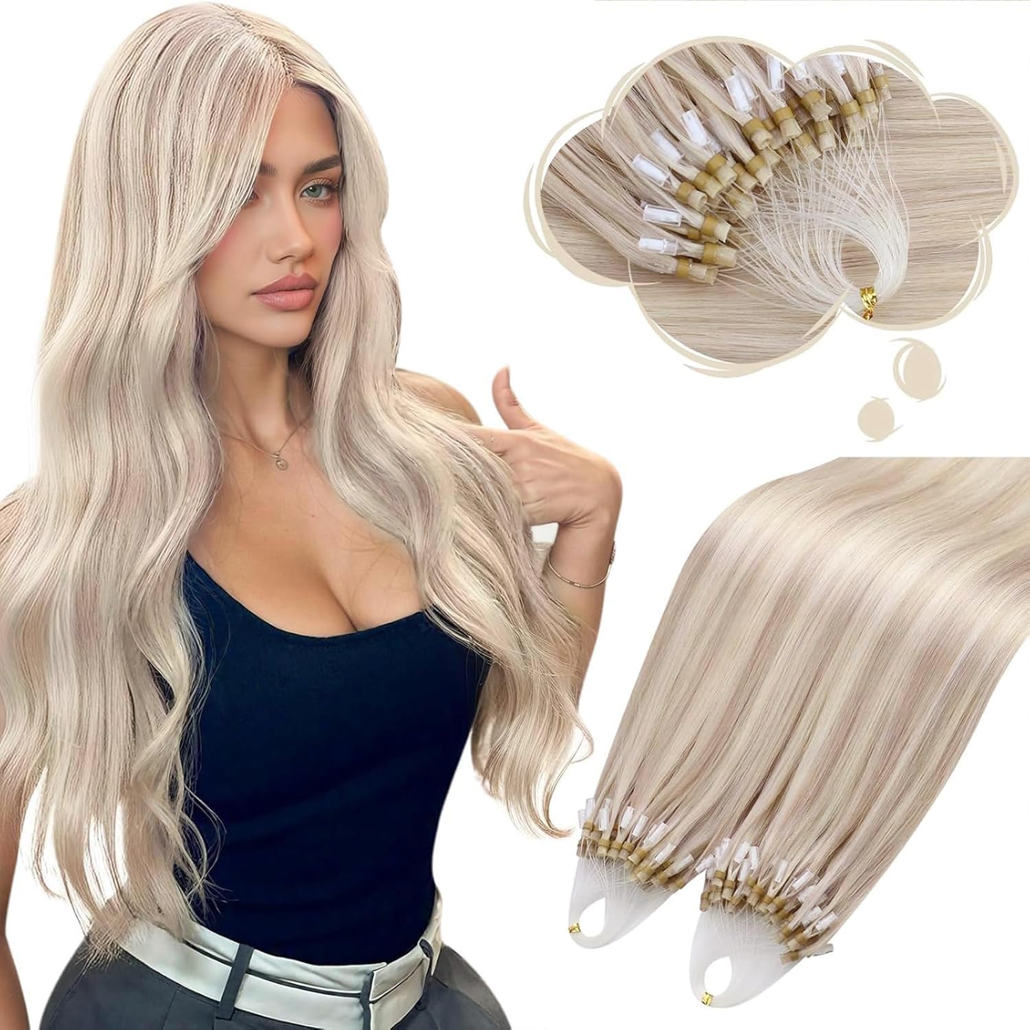 Moresoo Micro Ring Hair Extensions Real Human Hair Ash Blonde with Platinum Blonde Microloop Human Hair Extensions Micro Beads Hair Extensions 1G/Strand 50g/Pack #P18/613 22 Inch — image 1