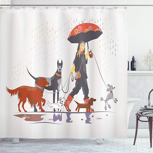 Amazon Com Ambesonne Dog Shower Curtain Young Modern Girl Taking