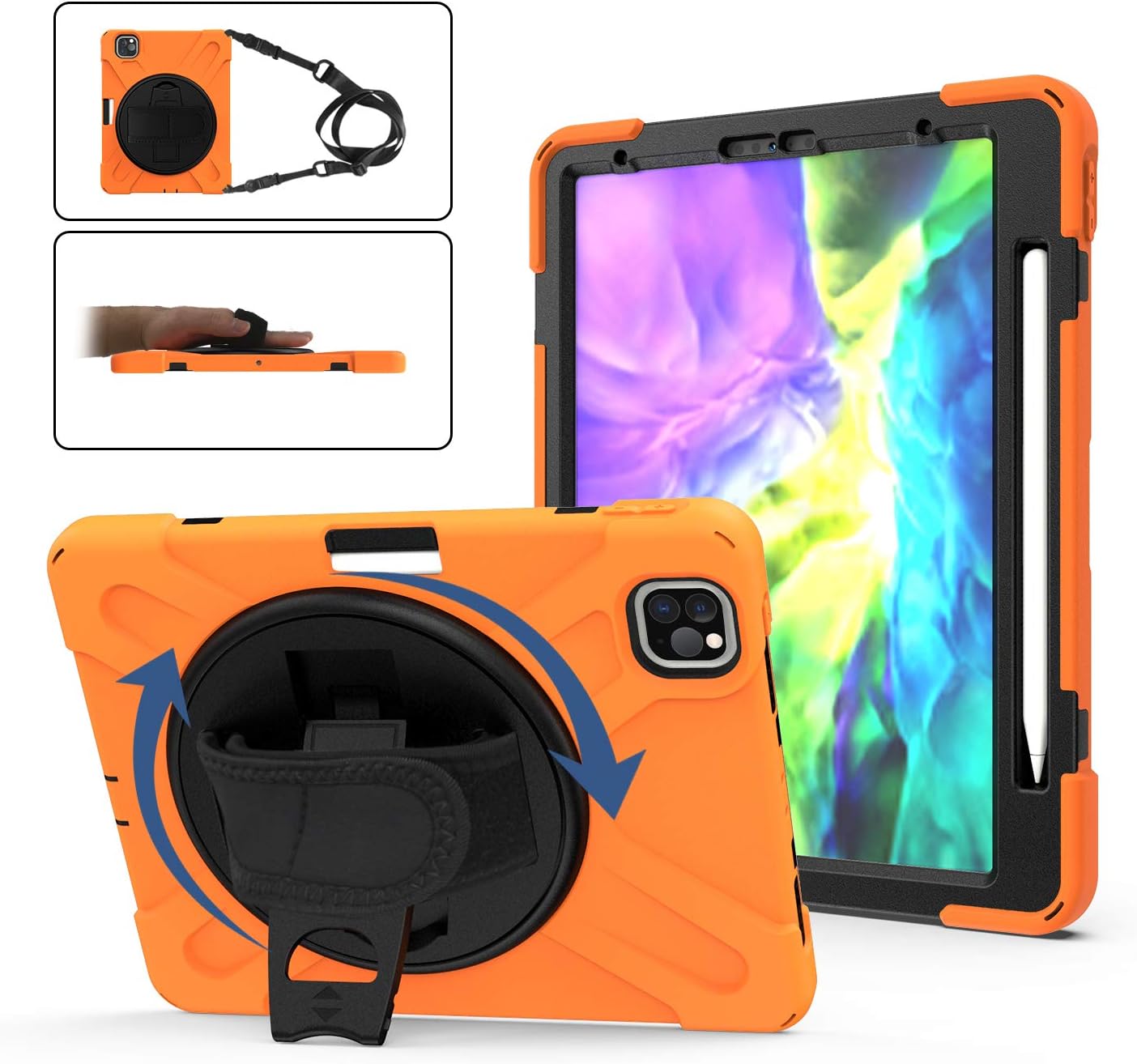 TH000 Rugged Case for iPad Pro 11 2020 Kids Friendly Shockproof Heavy Duty Protective 11-inch Cover with Screen Protector/Pencil Holder/Rotatable Handle & Mount Stand/Adjustable Shoulder Strap