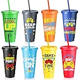 Potchen 8 Pcs Video Game Party Supplies Gaming Plastic Cups with Lids and Straws Gamer Reusable Tumbler for Fun Video Birthday Party Favor for Adults (Colorful)