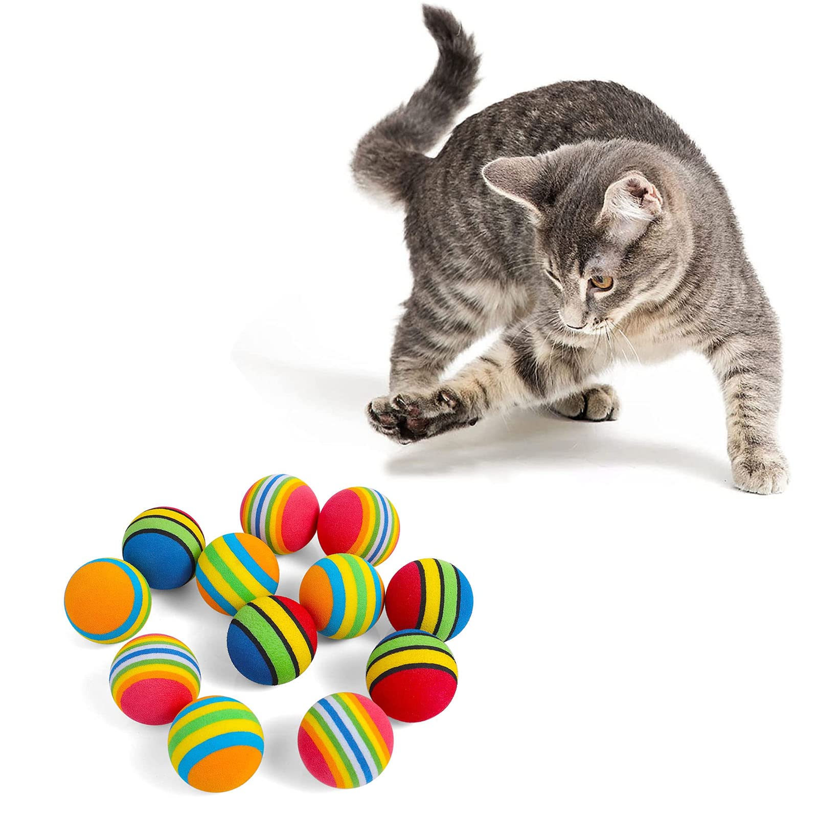 Jiuhao Rainbow Interactive Indoor Cat Foam Ball - Soft EVA Sponge Toys for Kitten Chase Training - Quiet Colorful Sports Play