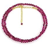 GEMSYMPHONY Natural Ruby Beads Necklace Adjustable Choker Crystal Handmade Jewelry, 3 To 3.5 mm Beads, Hypoallergenic 18 Inch Gold Plated Gemstone Necklaces For Women (Ruby)