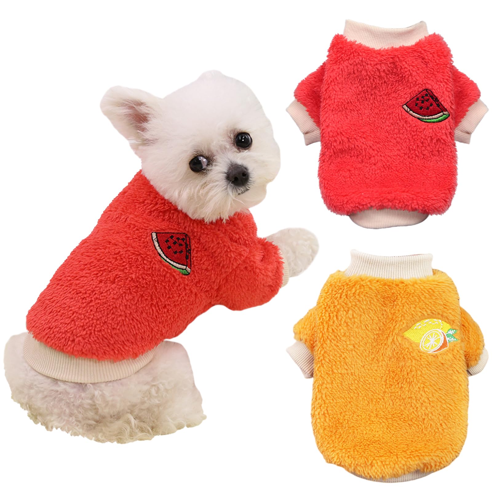 Yaopelky 2PCS Small Medium Dog Winter Clothes Fleece Turtleneck Jumpsuit Cute Fruit Print Cat Outfit for Chihuahua Yorkie Teddy (Orange-Red, S)