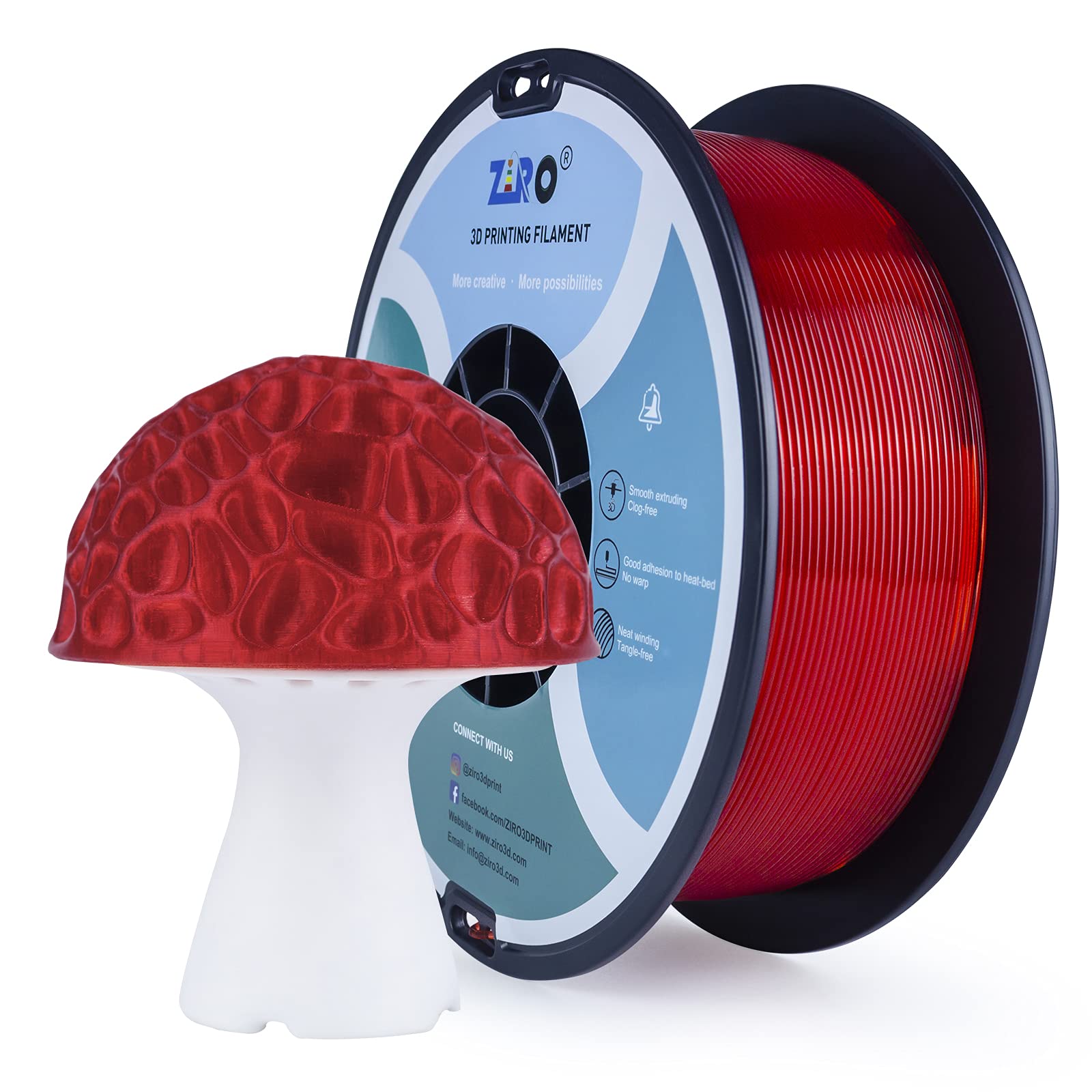 ZIRO PLA Translucent Filament 1.75mm 3D Printer Filament PLA PRO Translucent Series 1.75mm 1kg (2.2lbs), Dimensional Accuracy +/- 0.03mm, Translucent Red