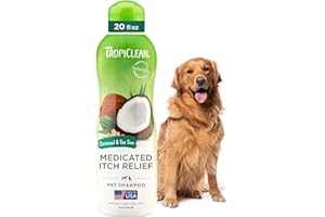 TropiClean Oatmeal Dog Shampoo for Itchy Skin Relief, Soothing Medicated Itch Relief, with Vitamin E, Puppy Safe, Made in USA, Cat Friendly, 20 oz.