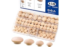 Tnisesm 150Pcs 4 Sizes Wood Plugs 3/16 Inch, 5/16 Inch, 3/8 Inch, 1/2 Inch Wooden Hole Plugs Button Plugs Hardwood Hole Plugs for Holes in Locking Hole Tube Furniture, Mushroom Head Shape