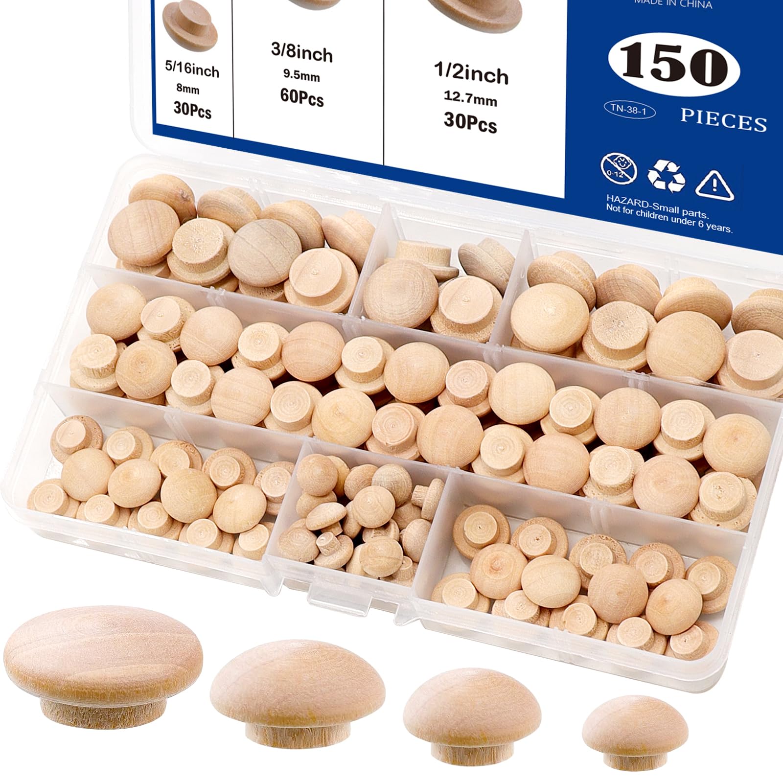 Photo 1 of Tnisesm 150Pcs 4 Sizes Wood Plugs 3/16 Inch, 5/16 Inch, 3/8 Inch, 1/2 Inch Wooden Hole Plugs Button Plugs Hardwood Hole Plugs for Holes in Locking Hole Tube Furniture, Mushroom Head Shape