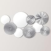 Blulu 9 Pcs Silver Mirror Wall Decor Metal Round Home Art Decor Decorative Modern Circle Mirror Wall Art Sculpture Hanging De