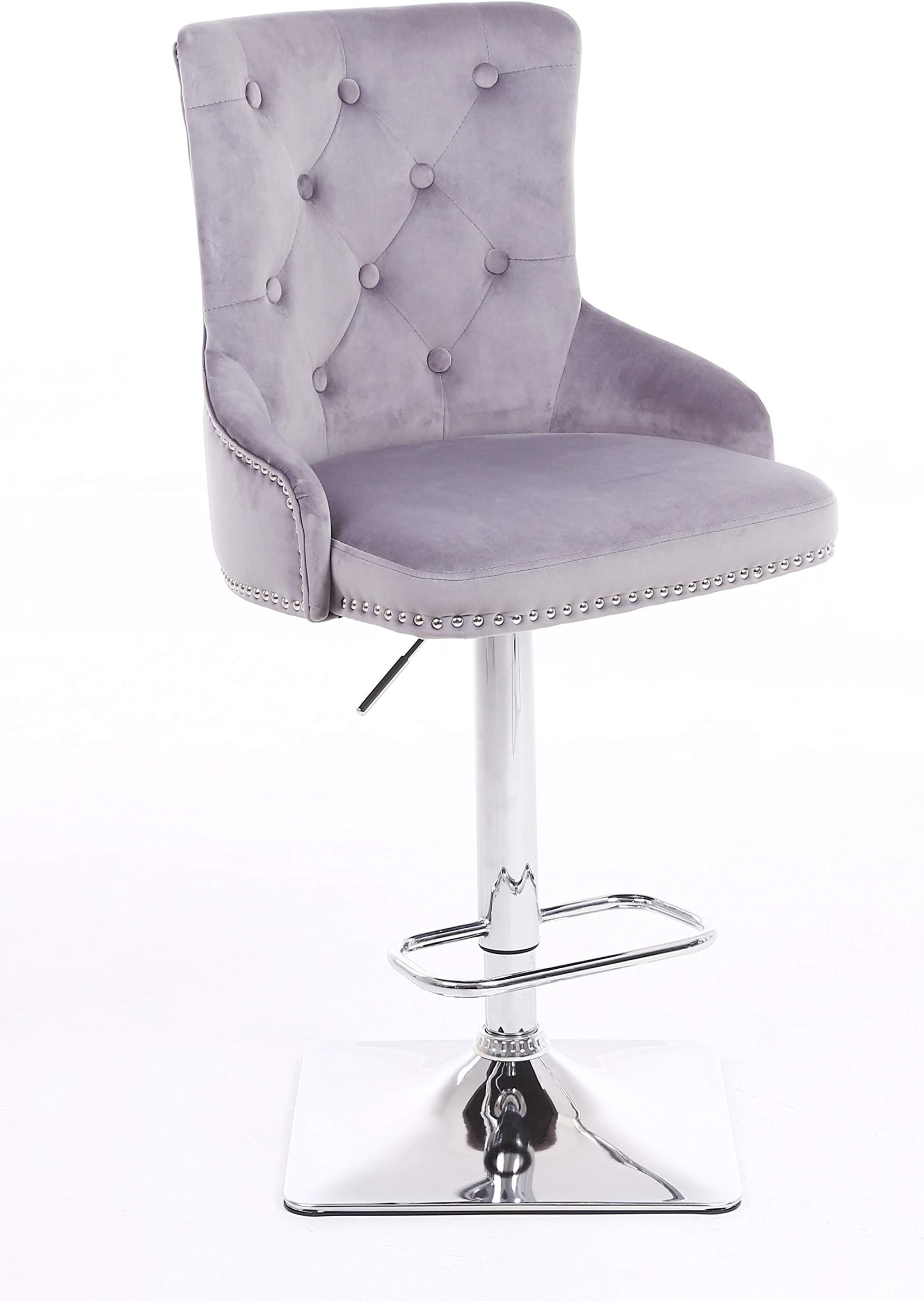 Millies Design "Winchester Velvet Bar Stool Swivel Gas Lift Studded Velvet, Metal Base Bar Breakfast Bar Stool (GREY)