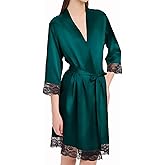 Guriyzee Silk Satin Robes for Women Short Kimono Sexy Lace Trim Satin Bathrobes V Neck 3/4 Sleeve Bride Bathrobe