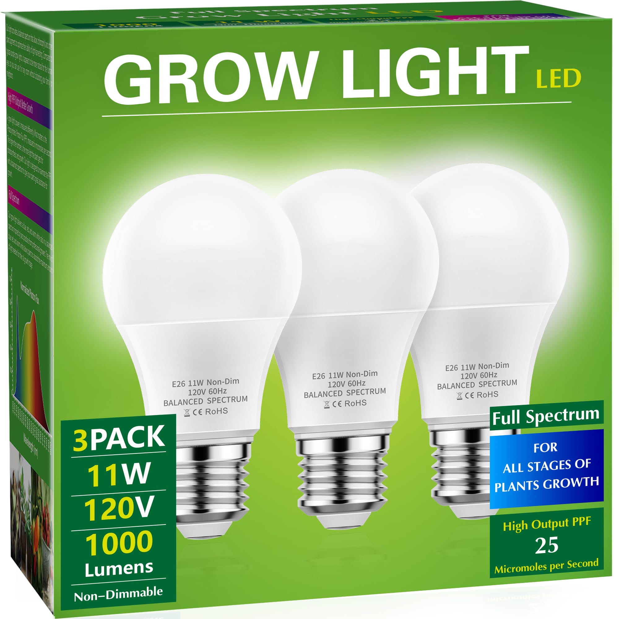 Photo 1 of Briignite Full Spectrum LED Grow Light Bulb - A19 E26 Base, 11W (100W Equivalent) - for Indoor Plants, Seed Starting - 3 Pack