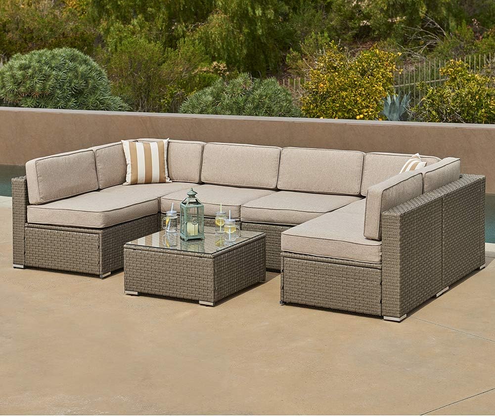 SUNCROWN Outdoor Furniture 7-Piece Patio Wicker Sofa Set Washable Seat Cushions and Glass Coffee Table, Waterproof Cover and Clips, Grey