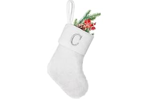 YOIRRAT 7 inches Initial Monogram Christmas Stocking White Personalized Christmas Stockings with Embroidered Letters Super Soft Initial Christmas Stocking for Xmas Holiday Christmas Tree Fireplace Decor(C)