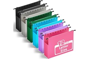 Ansook Plastic Hanging File Folders Letter Size,Upgrade 2" Extra Capacity Expanding Hanging Folders with Tabs,12 Pack Reinforce File Cabinet Folders,Heavy Duty Color Hanging Organizer for Bulky Files