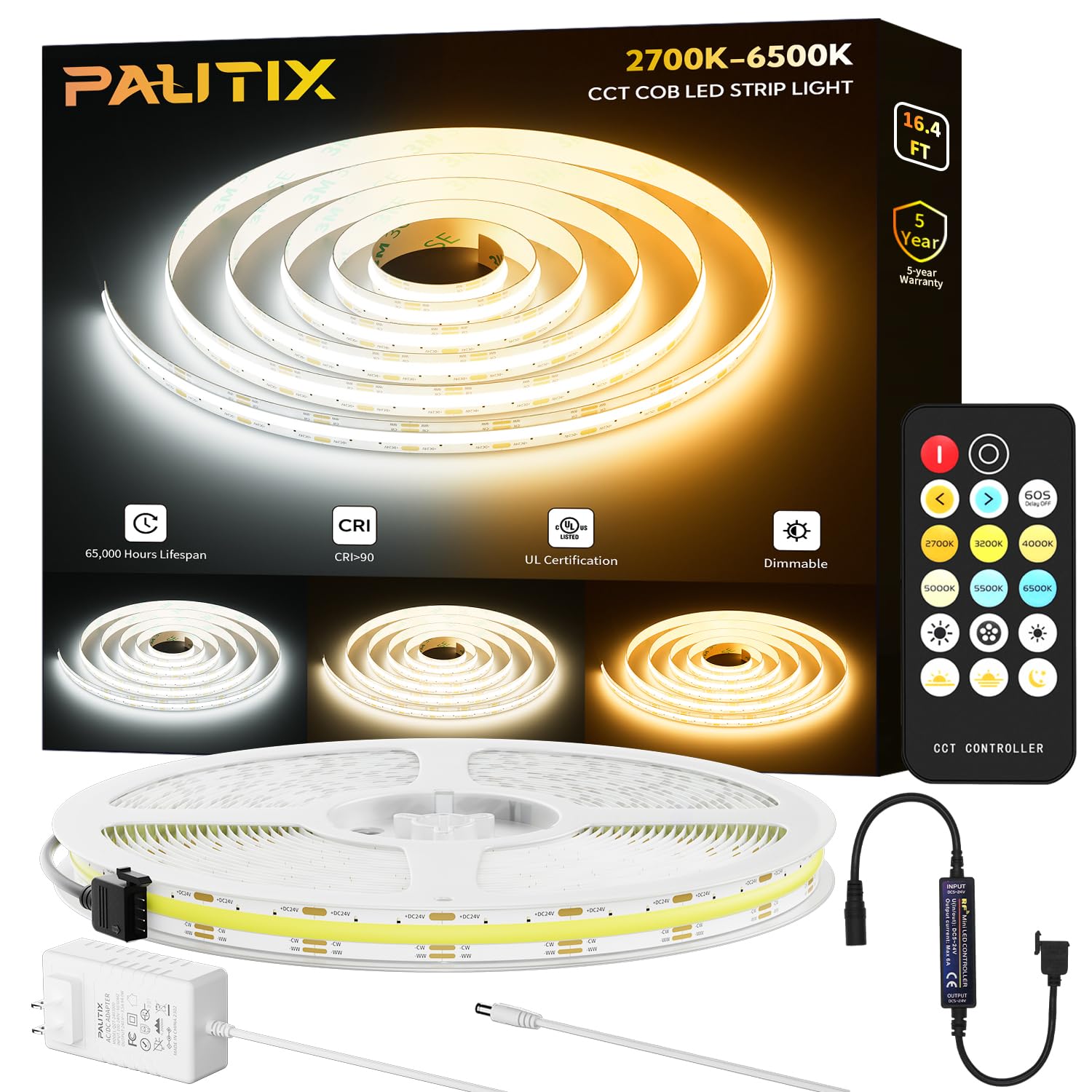 Photo 1 of PAUTIX COB LED Strip Light White CCT Tunable 3200LEDs,CRI90+ 16.4ft/5m Dimmable 2700K-6500K 24V LED Tape Lights Kit with UL-Listed Power Supply,for Under Cabinet Bedroom Kitchen TV Mirror DIY Lighting