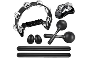 MOONBACK 8 Pcs Tambourines for Adults Metal Jingles Half Moon Tambourine, Foot Tambourine, Wood Rhythm Sticks，Egg Shakers, Sand Hammer, Hand Percussion Instrument Set for Party, KTV