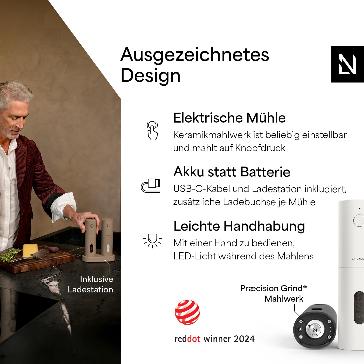 LARS NYSØM Salz und Pfeffermühlen Elektrisch Set I Keramikmahlwerk fein bis grob I USB Wiederaufladbar mit Ladestation I Automatische Salz und Pfefferstreuer I Gewürzmühlen Set (Black/White) 2