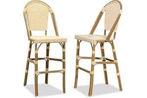 PURPLE LEAF French Bar Stool Set of 2 Bamboo Print Finish Patio Bar Stools with Back Rattan Bar Chairs Wicker Bar Height Stool 30" with Footrest Kitchen Island Stools Outdoor Barstool Cream Yellow