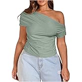 WDIRARA Women's Plus Size Off Shoulder Tee Shirt Ruched Asymmetrical Short Sleeve Tops