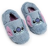 Disney Lilo & Stitch Girls Blue Slip On Loafer Slippers | Fluffy Character Face Indoor Lounging Footwear