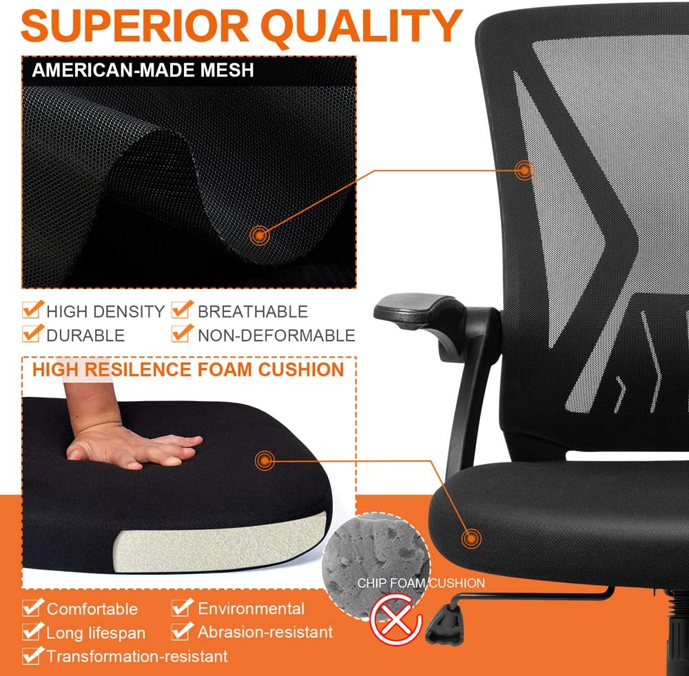 QOROOS Mid Back Mesh Office Chair Ergonomic Swivel Black Mesh Desk Chair Flip Up Arms with Lumbar Support Computer Chair Adjustable Height Task Chairs: Kitchen & Dining