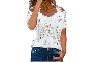 ANUYALUE Women Tshirts Graphic,Womens Cold Shoulder Blouse Short Sleeve Tees V Neck Lace Patchwork Tunic Tops